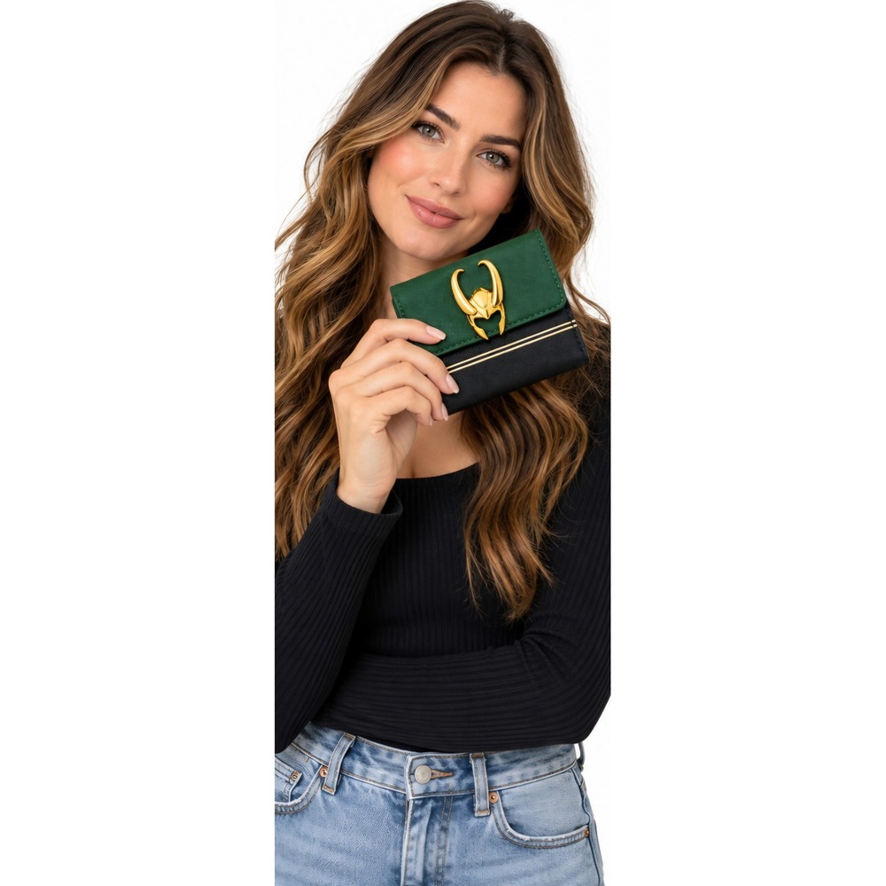 LOUNGEFLY MARVEL Loki Green Black Bifold Wallet Gold Horned Helmet